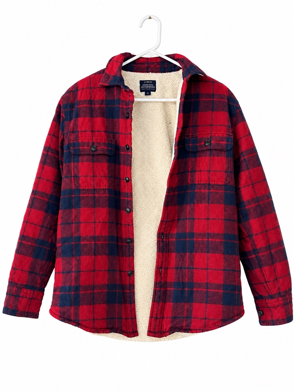 J. Crew Authentic Red & Navy Plaid Sherpa-Lined Shirt Jacket